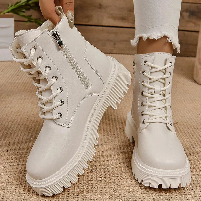 Bottine Beige à Bout Rond en Simili Cuir