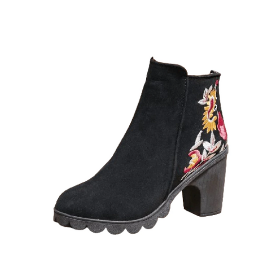 Bottine Noire à Talon Carré et Motif Floral
