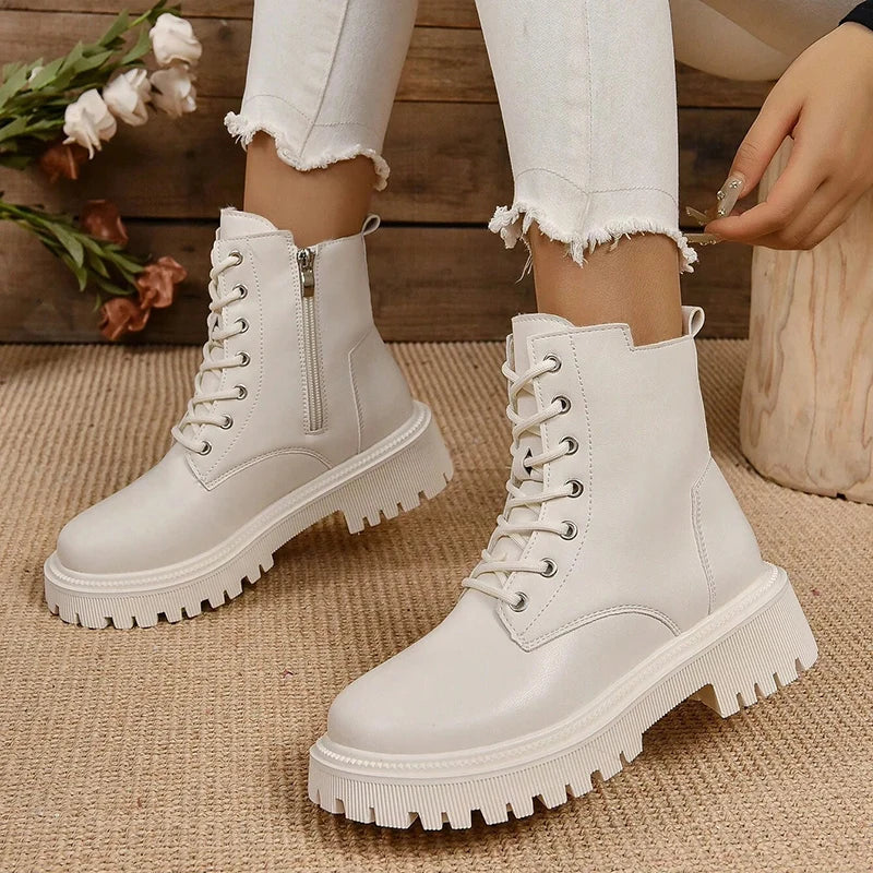 Bottine Beige à Bout Rond en Simili Cuir